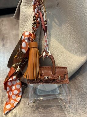 Mini Handbag Tassel Keychain Bag Charm | Twilly Scarf | Brown